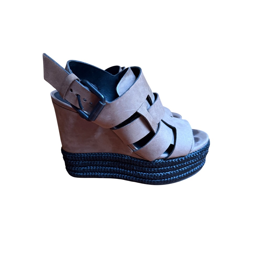 AllSaints Taupe Suede Cage Platform Wedge Sandals Black Espadrille Size 38‎